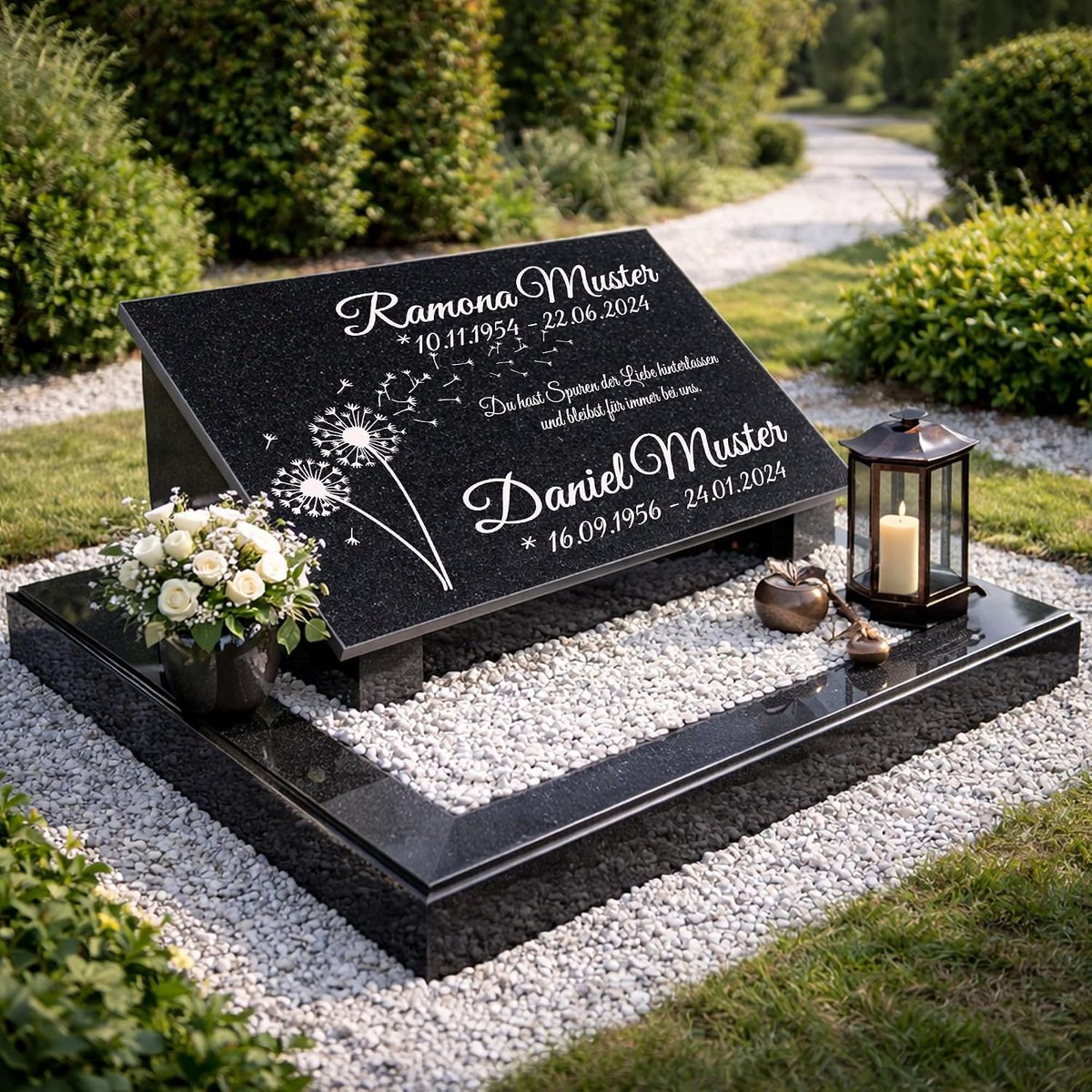 Grabplatte aus echtem zertifizierten Granit mit Inschrift – Direkt vom Steinmetz, 3 cm Massive Stützen, Steinmetzfarben statt Acryl, personalisiert, Urnengrab E3 (40x30x1cm mit Stützen)