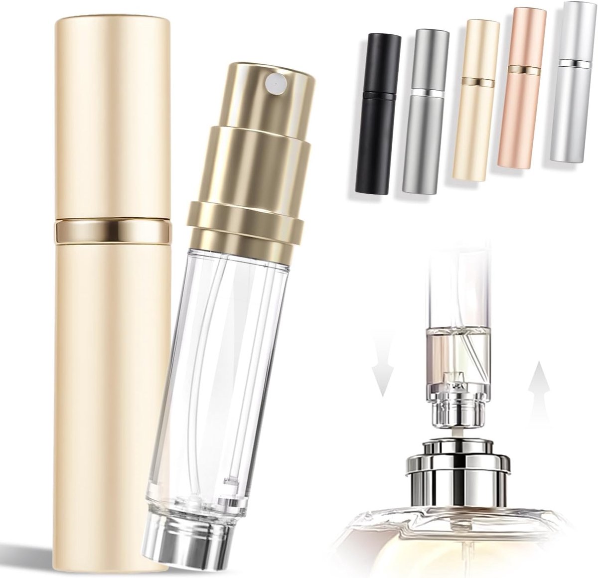 Parfum Verstuiver Hervulbaar - 5ml Lege Reissprayfles, Nano Mist, Mini Verstuiver met Ondervulling, Zakformaat Cologne Dispenser voor Vrouwen en Mannen (Champagne Goud, CA)