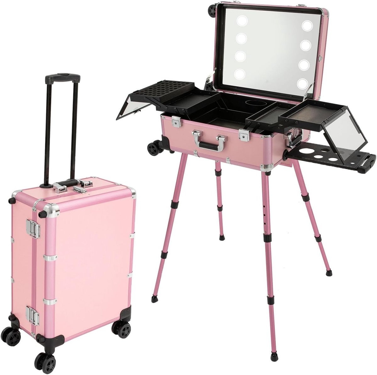 Trolley met led-spiegel, roze, aluminium, 82 cm