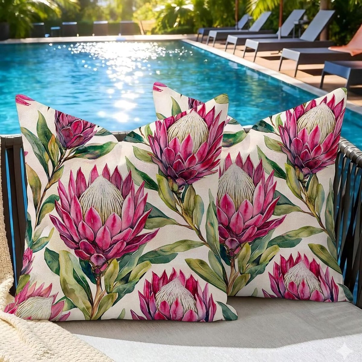 Set van 2 outdoor kussenslopen, 80x80 cm, outdoor kussens, weerbestendig, bloemenmotief, tuinkussen, zomer, modern sierkussen, bankkussen voor balkon, lounge, tuin, terras, woonkamer