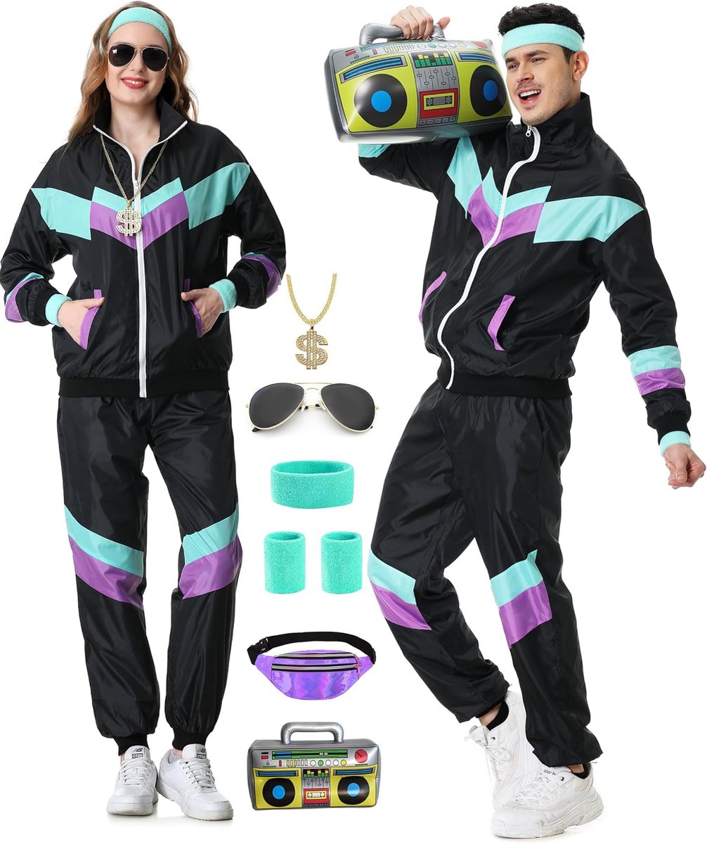 80 en 90 outfit voor heren en dames, 80s trainingspak, joggingpak, outfit voor jaren 80, herenkostuum