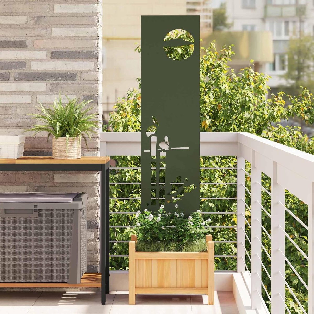 Tuin, olijfgroen, mat stalen design met decoratieve inzetstukken, winddicht en weerbestendig, 32 x 140 cm, voor terras, balkon en buiten voor privacy