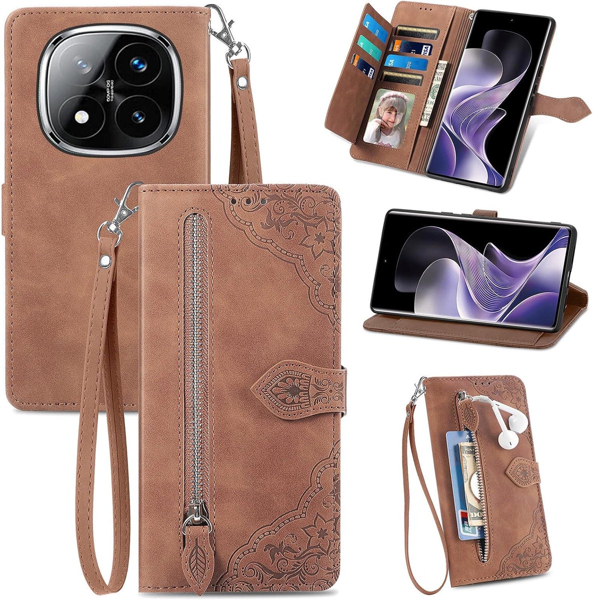 Hoesje voor Xiaomi Redmi Note 14 Pro 5G / POCO X7, lederen portemonnee flip book hoesje met kaarthouder, standaard en handband, mooie bloem schokbestendige hoes voor Xiaomi POCO X7, bruin