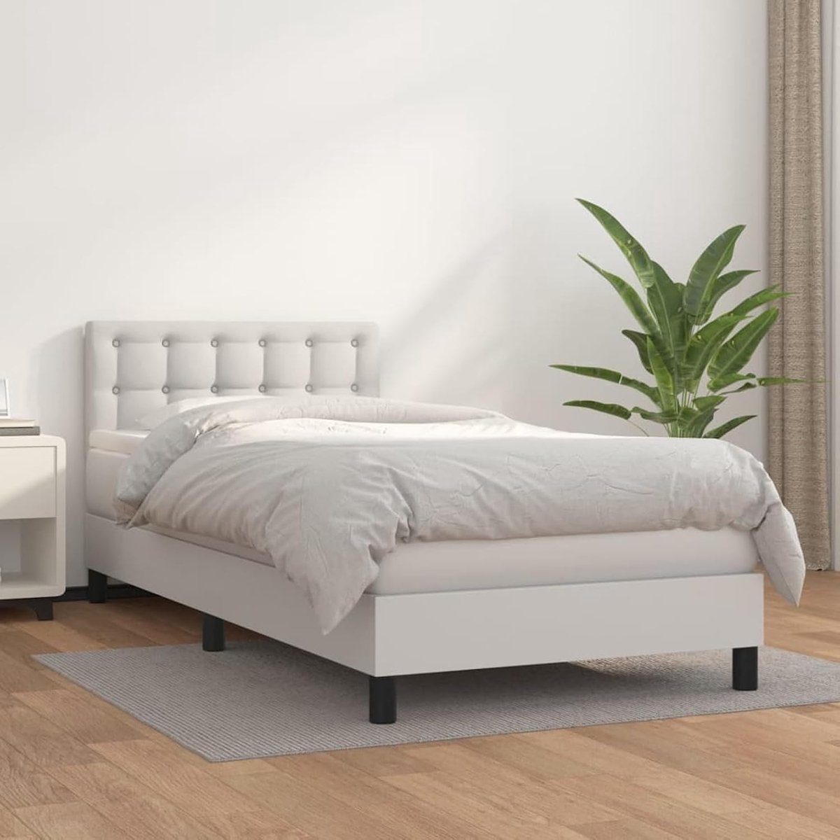 Boxspringbed met matras, wit, 90 x 190 cm, kunstleer, gestoffeerd bed, modern tweepersoonsbed, eenpersoonsbed voor logeerkamer, gastenhuis, hotel, slaapkamer, 3141096