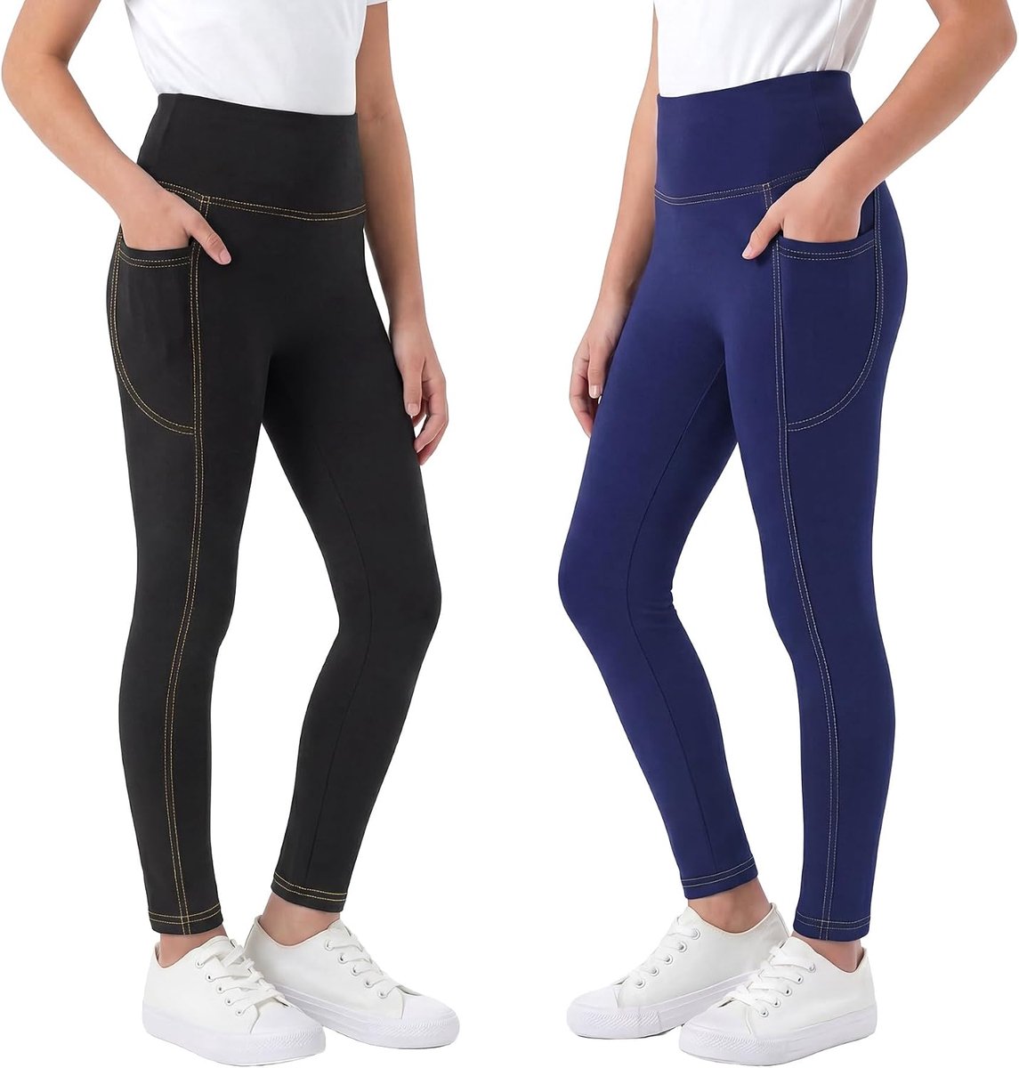 Skinny Denim-look Jegging Hoge taille Lange broek, 2-pack, zachte ademende broek met zijzakken Kinderlegging voor school Rekbare casual legging voor 6-13 jaar