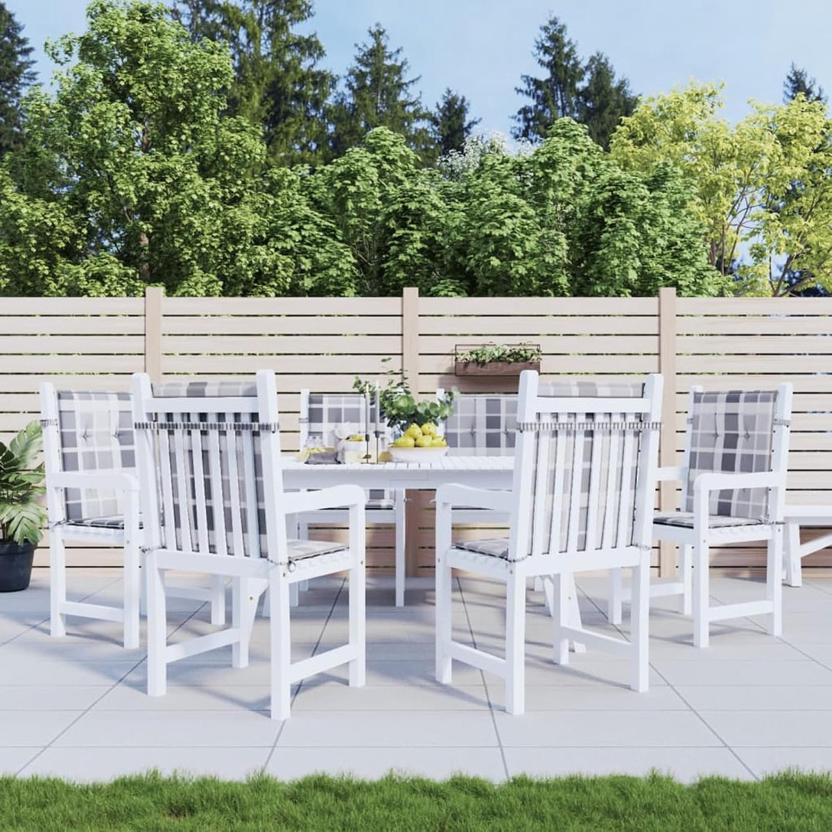 Tuinstoelkussens met lage rugleuning, 6 stuks, 100 × 50 × 3 cm, grijs, geruit, Oxford-polyester, ademend, vormvast, voor binnen en buiten