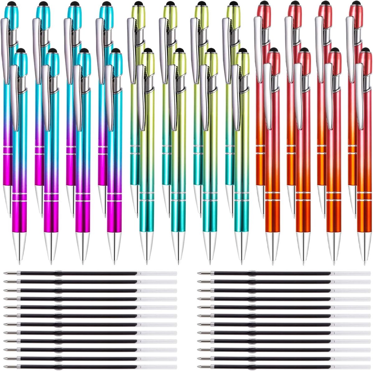 24 stuks balpen met styluspen, 2-in-1 metalen pen met 24 vullingen, intrekbare styluspen zwarte inkt voor touchscreens dagelijks werk, schrijfwaren