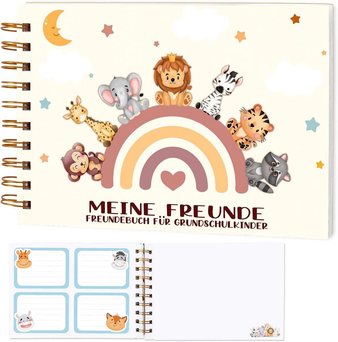 Vriendenboek met dieren, DIN A5, met 60 geïllustreerde pagina's, vriendschapsboek voor meisjes en jongens, vriendschapsboek voor schooltas, eerste schooldag