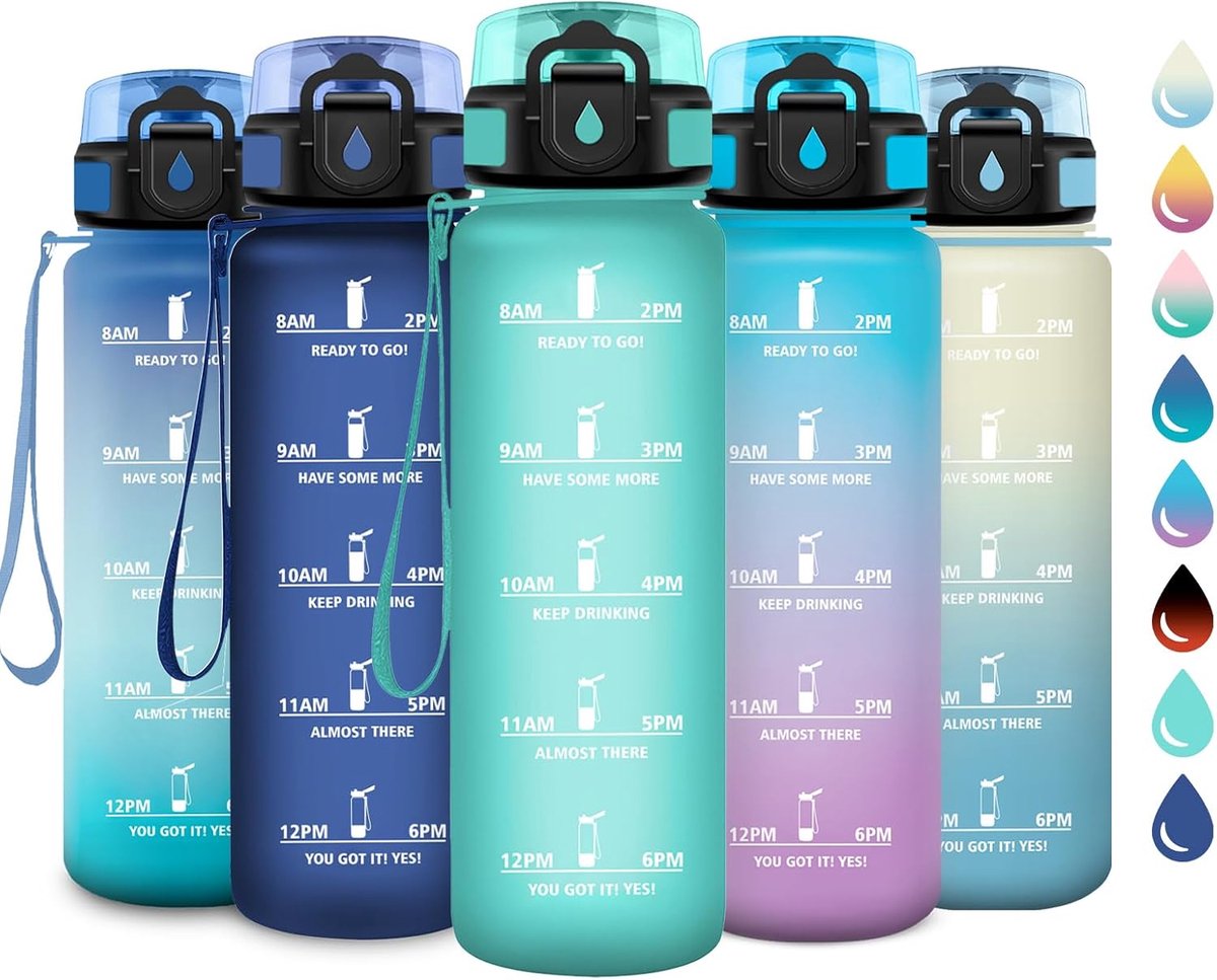 1 liter waterfles met filter, BPA-vrije waterfles, herbruikbaar, motiverende fles met tijdsweergave, lekvrij, ideaal voor school, kantoor, camping