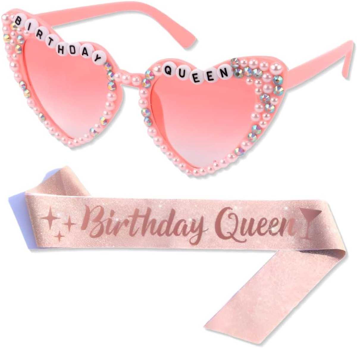 Queen bril roze met band verjaardag koningin zonnebril hartvorm briljant bling diamant parel zonnebril voor vrouwen meisjes verjaardag glitter roze