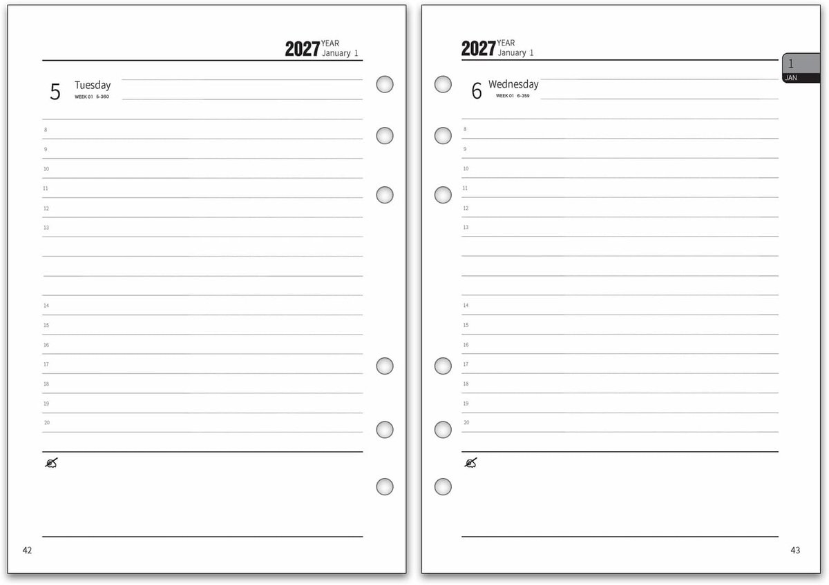 2027 Dagboek navulling A5 formaat dag per pagina, 6 gaten dagelijkse planner inserts met maandelijkse tabbladen, notities, contact en Britse feestdagen, jan-dec 2027 jaarkalender, past op A5 6-Ring