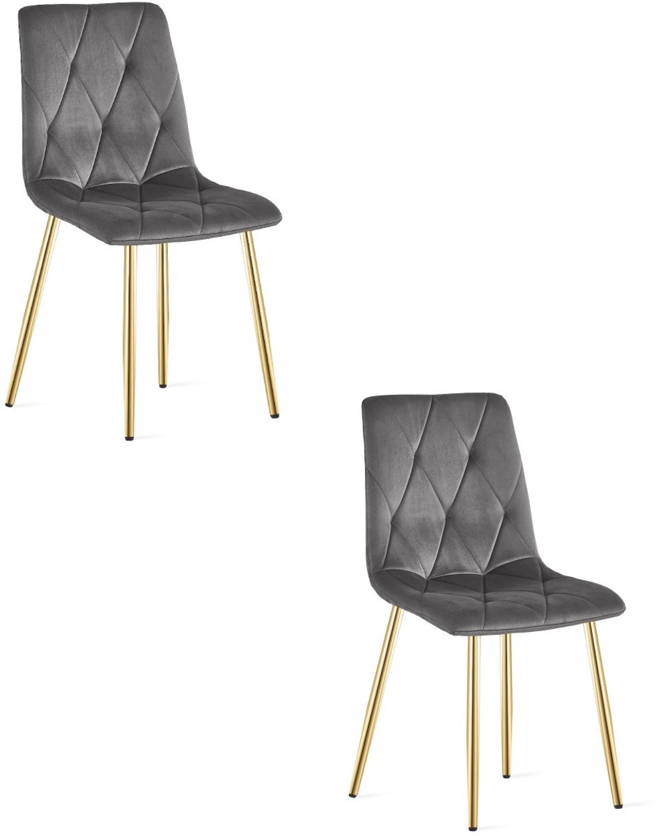 Eetkamerstoel LIBRA set van 2 - Donkergrijs fluweel - Gouden metalen poten - Modern design