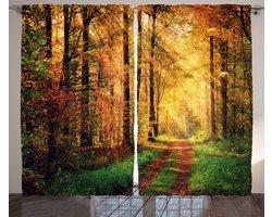 ABAKUHAUS Modern Gordijnen, een Herfst Bos Landschap met De Stralen van Warm Zon op Shady Bomen en Bossen met Warm Feelings Kunst, 2-delige