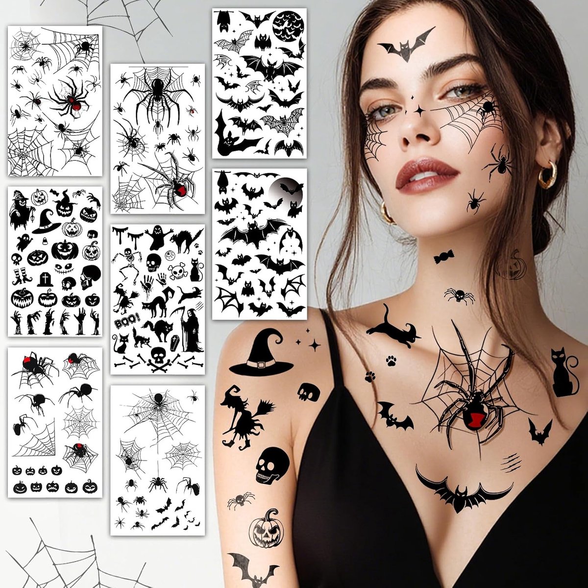 tattoo, gezicht, 6 vellen grote maten, spinnen, vleermuis, realistische gezichtstattoo, Halloween-kostuum, kinderen, meisjes, jongens, dames, heren, griezelige accessoires, heksenkostuum
