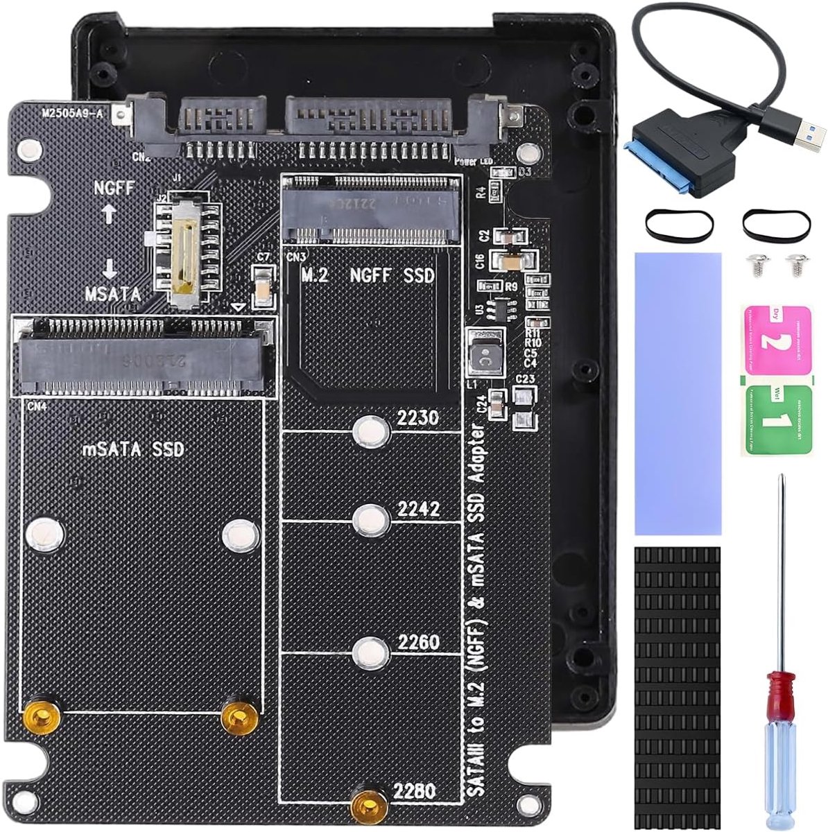 B-sleutel & mSATA SSD naar SATA 3.0 adapter, 2-in-1-M.2-NGFF B&M-Key (2230, 2242, 2260, 2280) en Mini SATA naar SATA III harde schijf adapter voor Windows met USB 3.0 naar SATA kabel