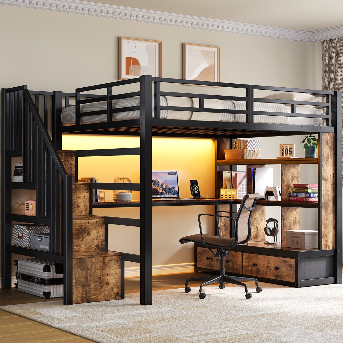 WUVRIE Hoogslaper 140x200 cm met bureau, planken, 2 lades, opbergtrap en LED-verlichting, zwart