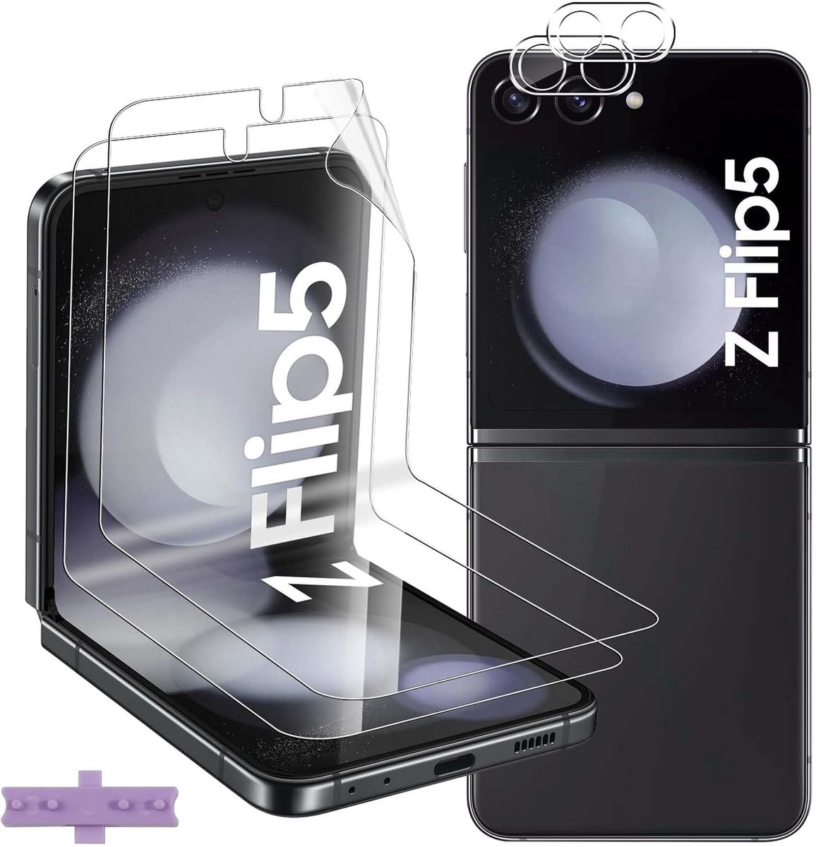 Displaybeschermfolie voor Samsung Galaxy Z Flip 5 5G / Z Flip5 5G, 2 + 2 stuks TPU displaybeschermfolie + gehard glas camera achterbescherming, HD, krasbestendig, anti-vingerafdruk folie