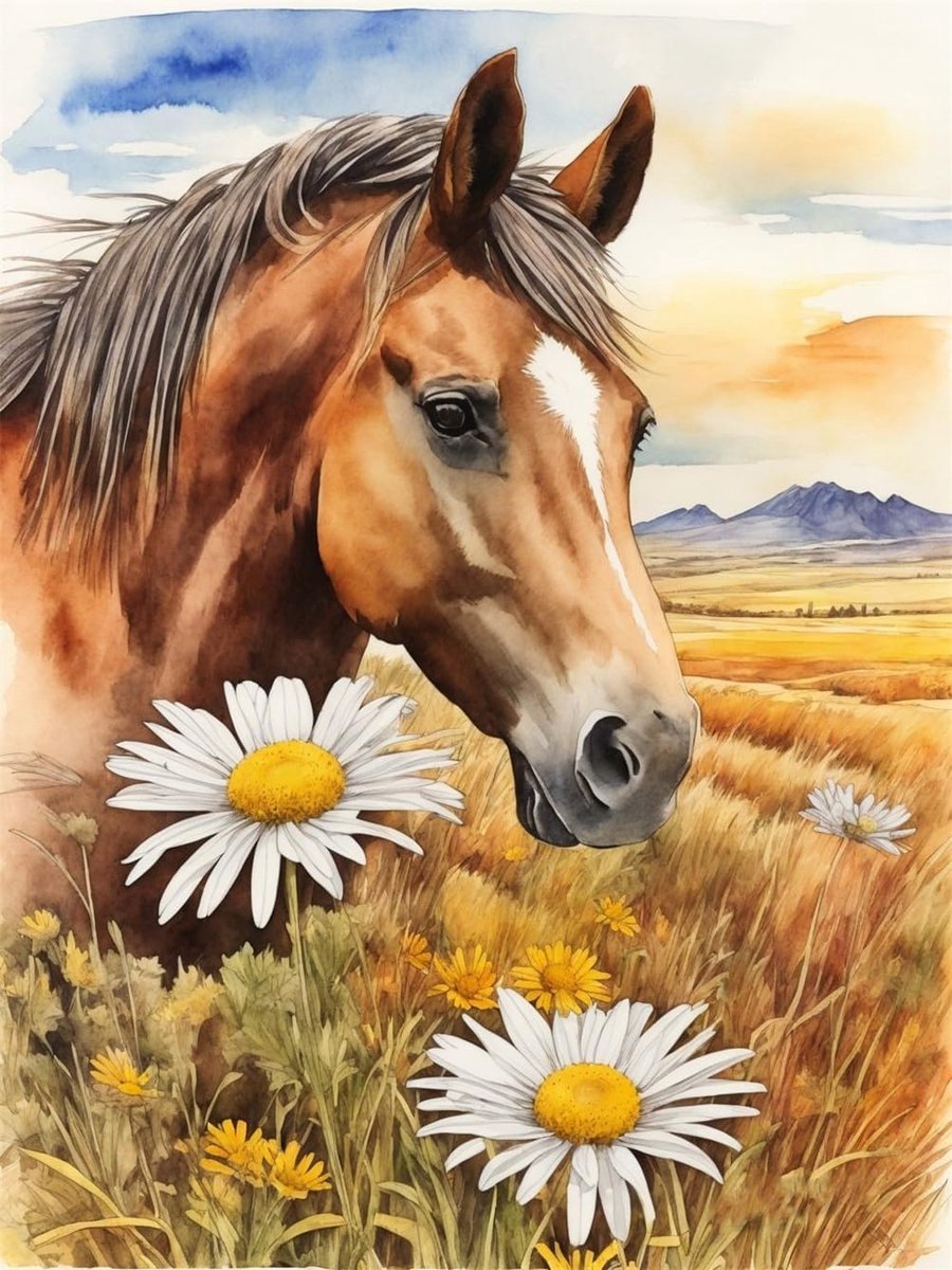 Kruissteekset, 11-draads, geprent, paard, bloem, diernaaldset met accessoires, voorbedrukt (40 x 50 cm) (Paard)
