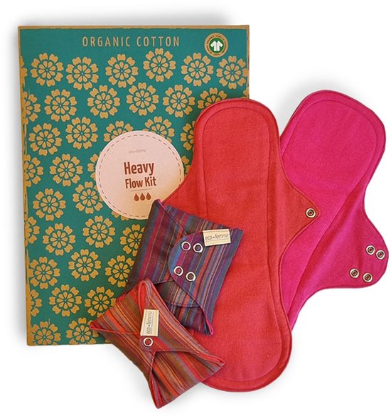 Eco Femme Heavy Flow Kit met 2 grote roze en rode pads, en 2 kleinere gestreepte pads.