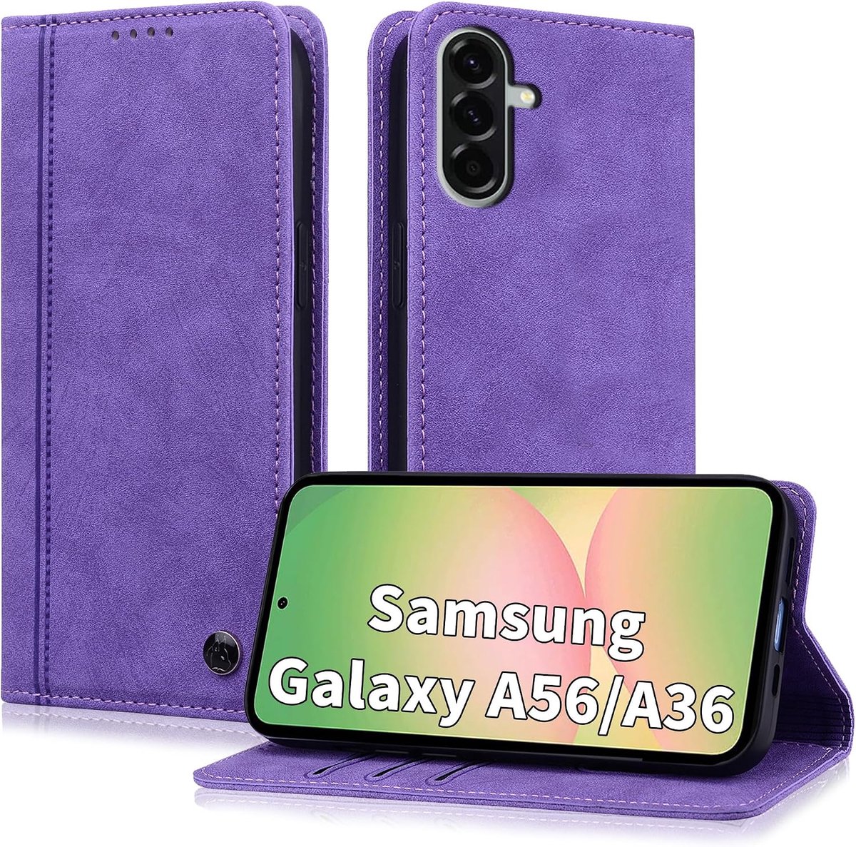Telefoonhoesje voor Samsung Galaxy A56 5G, premium lederen klapbare hoes, flip case, magneetsluiting, kaartenvak, standaardfunctie, beschermhoes, paars