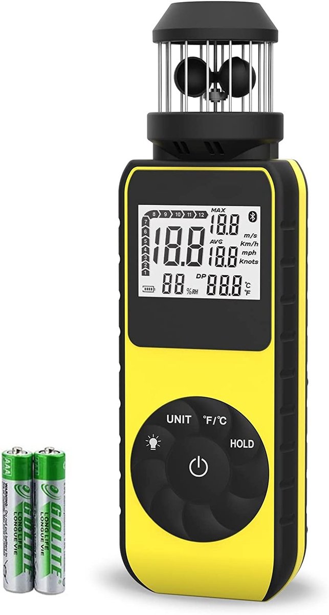RQ-881M Handheld Windmeter, 360° windsnelheidsmeter, draagbaar, meting 0,7 ~ 42 m/s, temperatuur (℃/℉) met kompas voor HVAC, zeilen, drone-vlucht