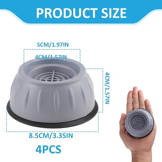 4 stuks anti-trillingspads voor wasmachine, groot formaat, geluidsreductie, antislip, verhoogd, bescherming van vloeren en apparaten, geschikt voor poten van 47 mm, eenvoudige installatie — afbeelding 2