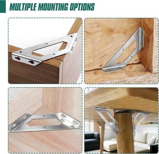 Hoekverbinders, roestvrij staal, 12 stuks, hoekhoeken, metaal, hoekhoeken, universele driehoekige steunen voor tafels, stoelen, planken (driehoeksteun middel) — afbeelding 3