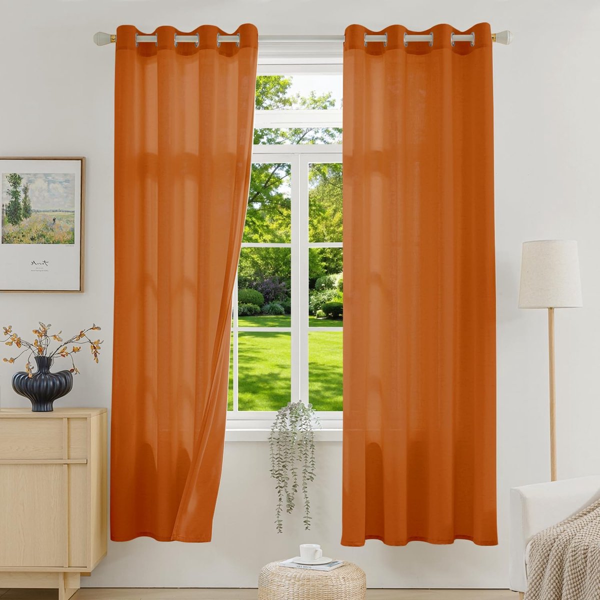 Gordijnen van 35% linnen voor woon- en slaapkamer, doorschijnende gordijnen met oogjes voor ramen en eetkamer, gordijnen voor woonkamer, terracotta, 140 x 200 cm (2 panelen)