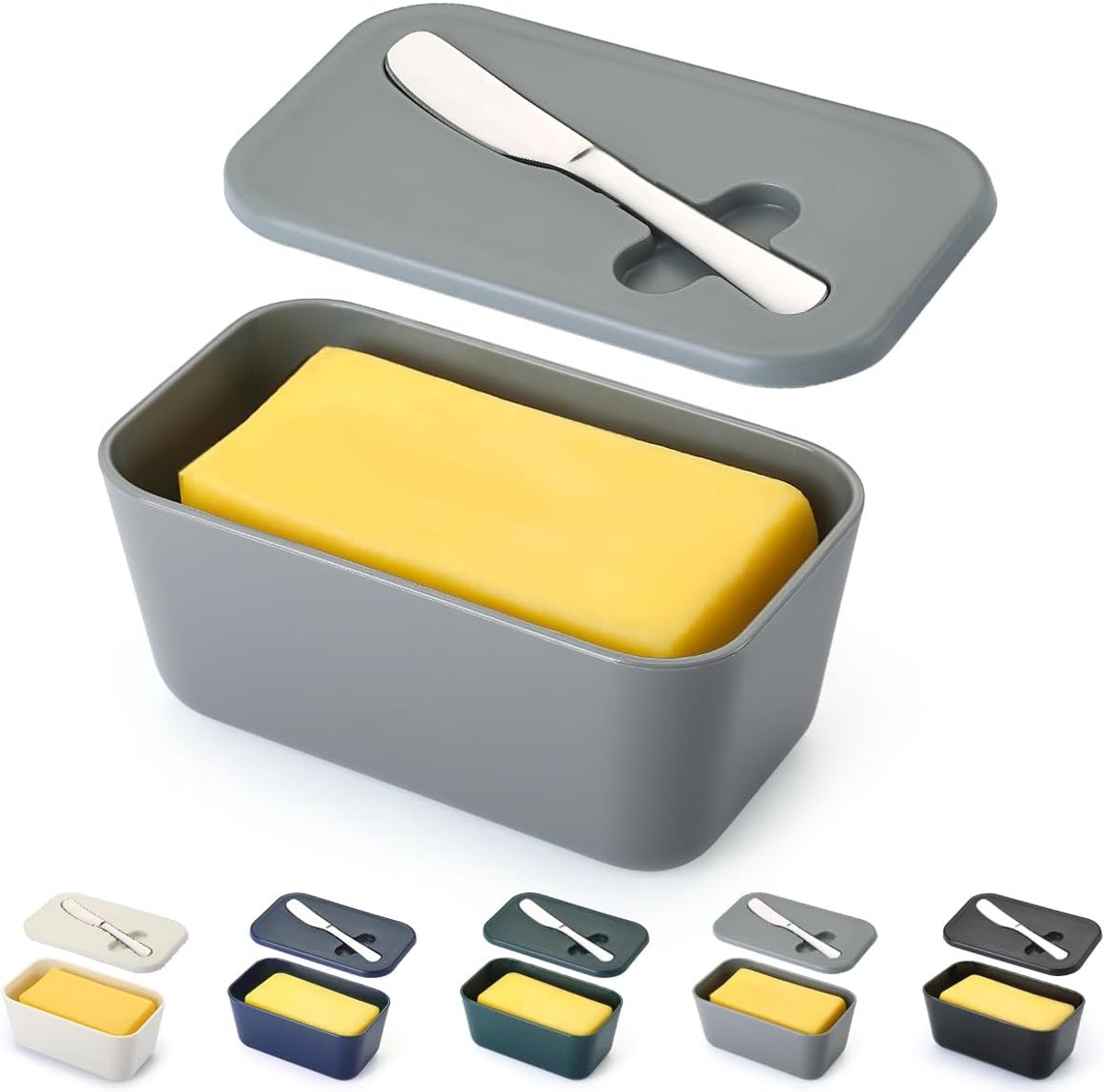 Boterschotel met deksel voor aanrecht en koelkast Dooe plank, ReaNea Plastic boterhouder lade container met botermes, Easy Scoop vaatwasmachinebestendig