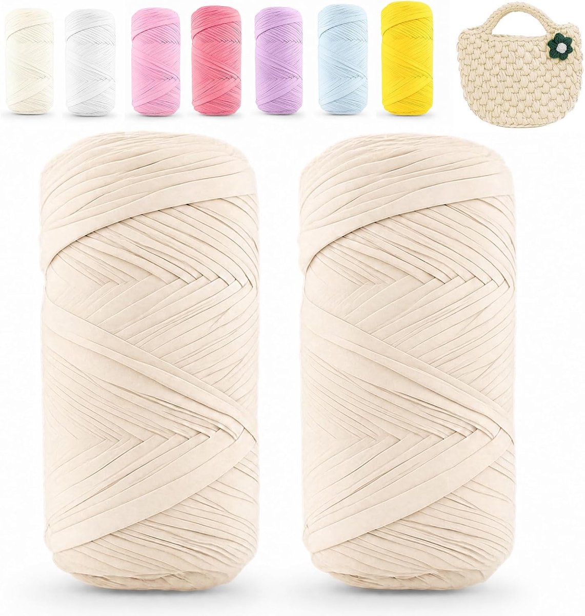 2 stuks T-shirt-garen, textielgaren om te haken, per rol, 200 g, textielgaren, lintgaren voor doe-het-zelf handwerk, woondecoratie, tassen, manden, deken (beige)