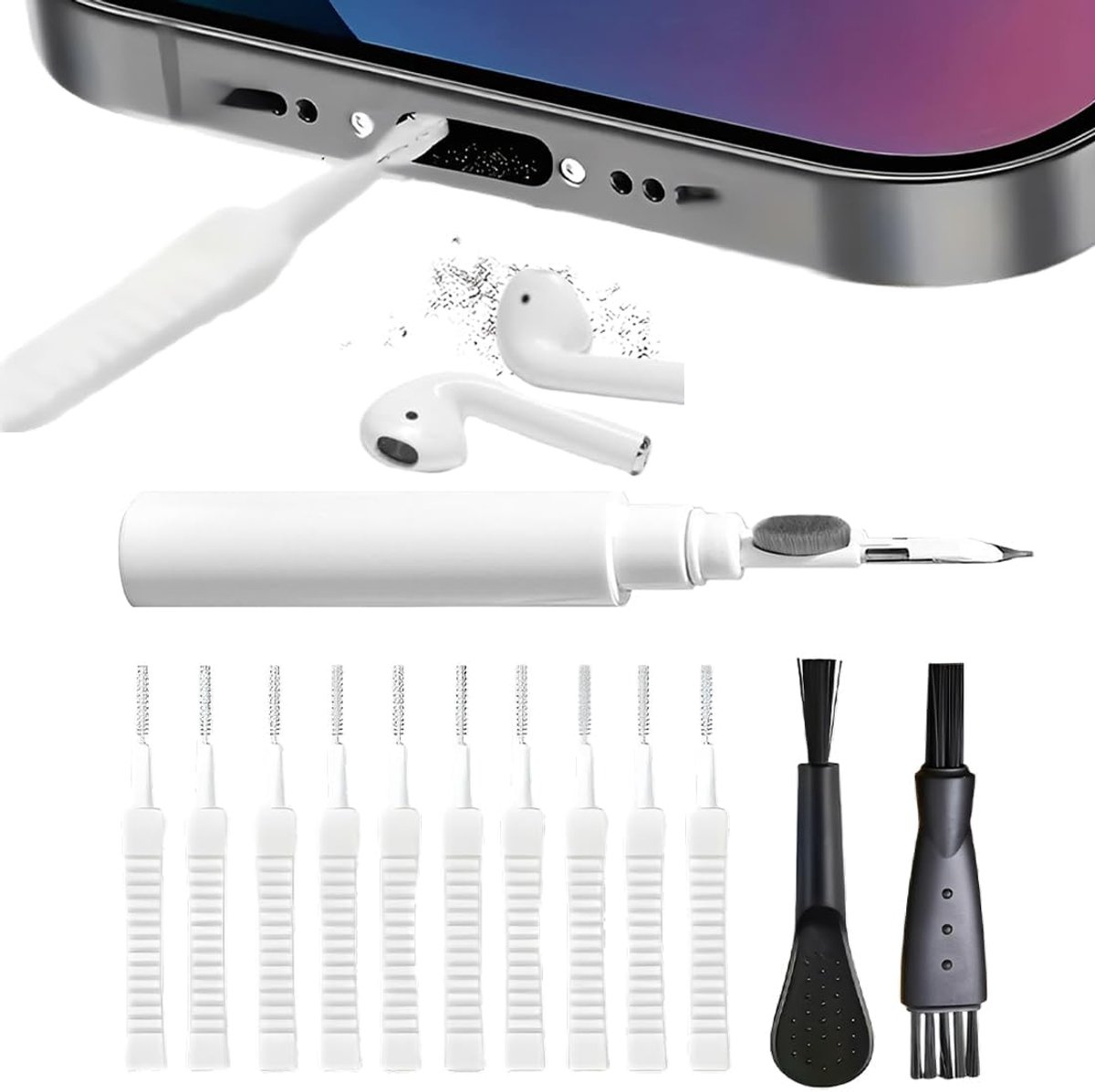 1 reinigingsstift voor bluetooth-hoofdtelefoon, reinigingsset voor 3-in-1 bluetooth-hoofdtelefoon, reinigingsset voor mobiele telefoons, 12 stuks reinigingsborstels voor telefoonhouder