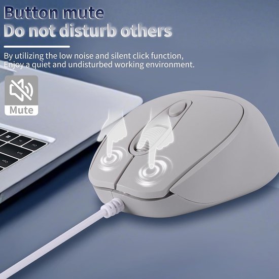 Optische USB-C muis, 1,2 m kabel, instelbare DPI 1600/1200/800, elegant 4-knops design met USB-C-aansluiting, stil en ergonomisch voor MacBook, laptop, iPad, Surface, smartphones, grijs — afbeelding 3