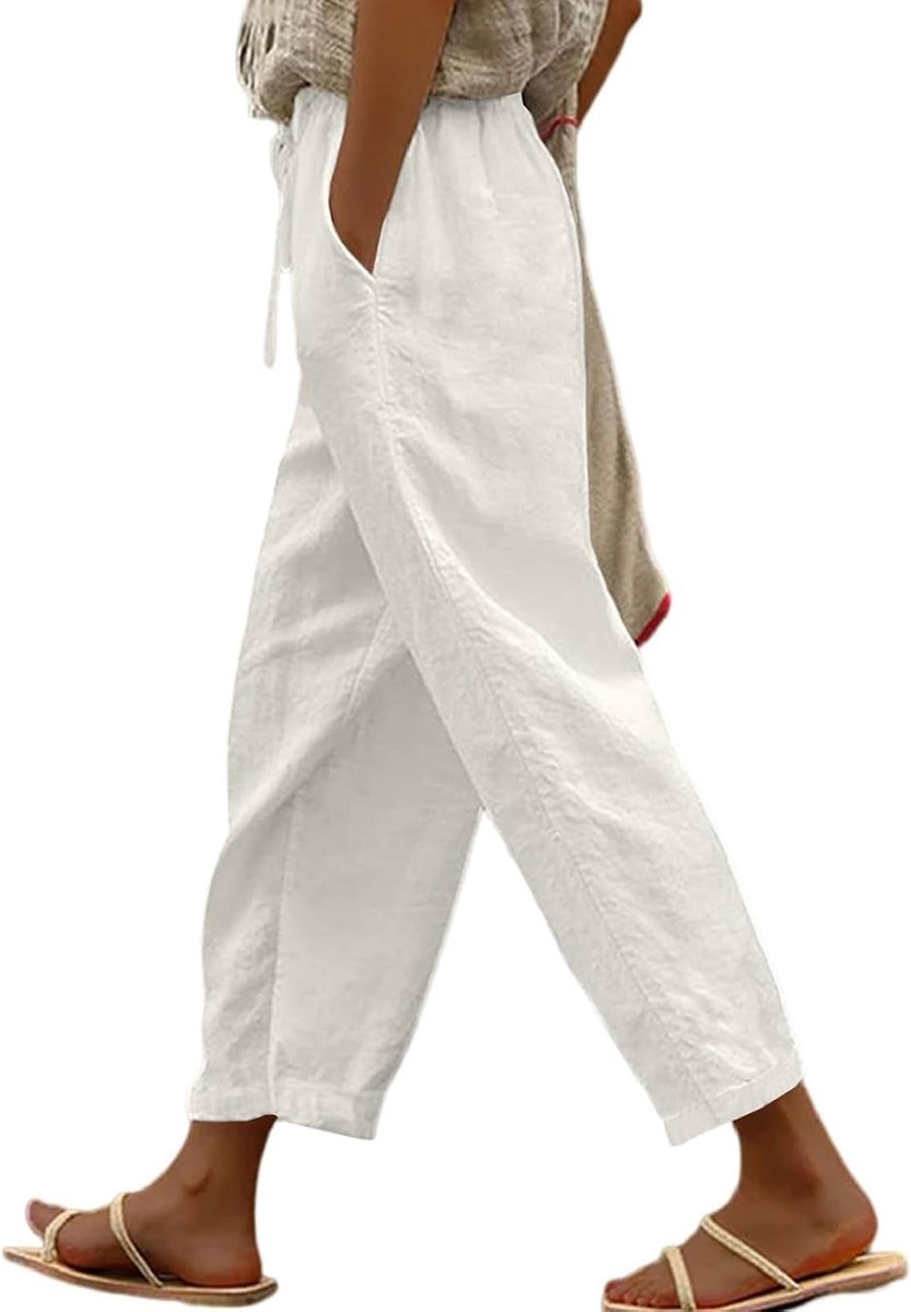 Linnen broek dames zomer 7/8 brede zomerbroek licht losse broek casual stoffen broek katoen linnen broek dames luchtige strandbroek met zakken trekkoord linnen broek vrijetijdsbroek