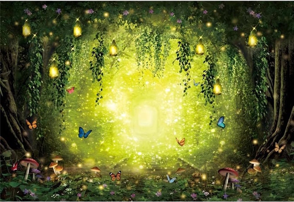 Bossen achtergrond, kleurrijke vlinder paddestoel wonderland achtergrond sprookje bos opknoping bladeren fotografie achtergrond studio portret schieten rekwisieten