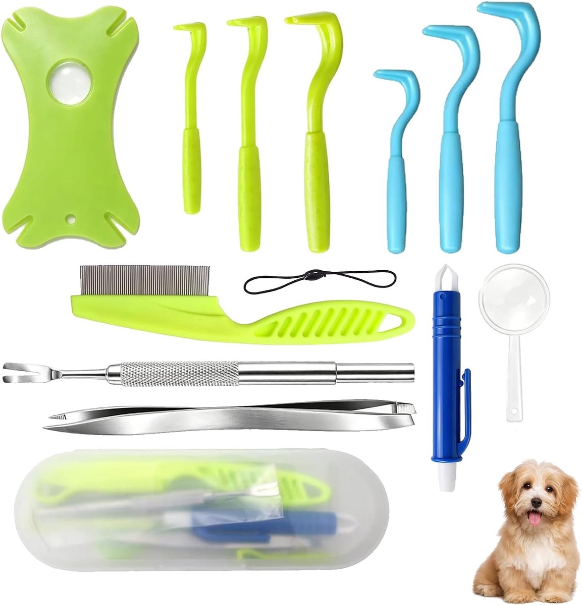 13-in-1 tekentang met etui, tekentang voor mensen, honden en kinderen, complete set met tekenkaart, vergrootglas en accessoires voor het verwijderen van teken van alle maten en soorten