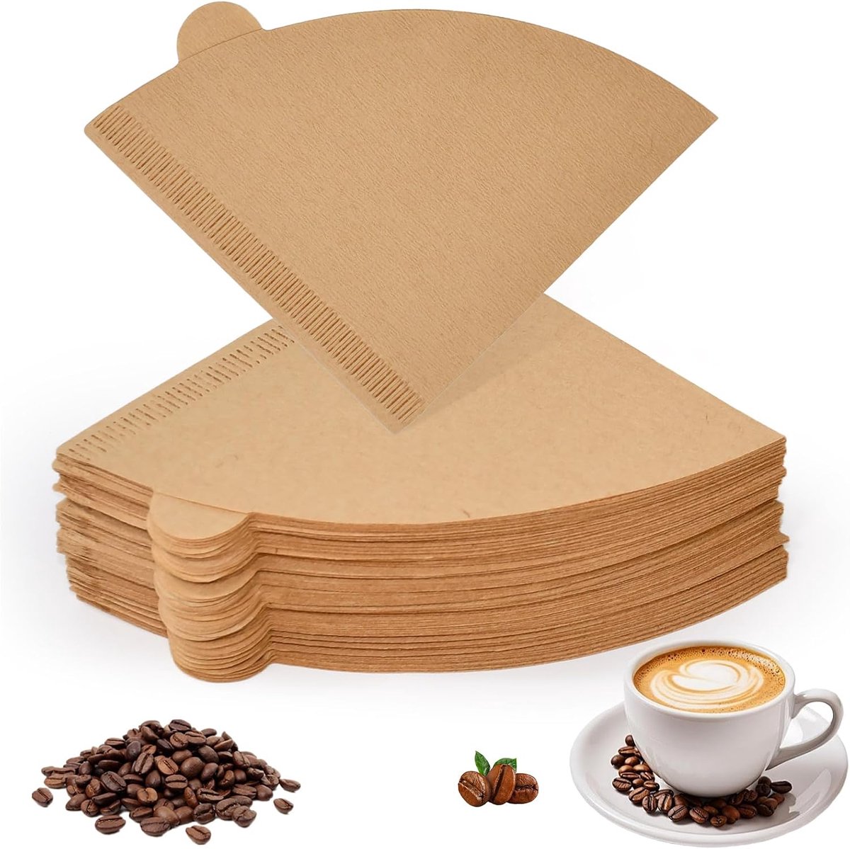300 stuks koffiefilterzakken, V-vormige kegel, koffiefilterpapier, ongebleekt, natuurbruin, 10,5 cm, voor koffiezetapparaat, handfilter, filterbeker, koffieaccessoires, 1-2 kopjes