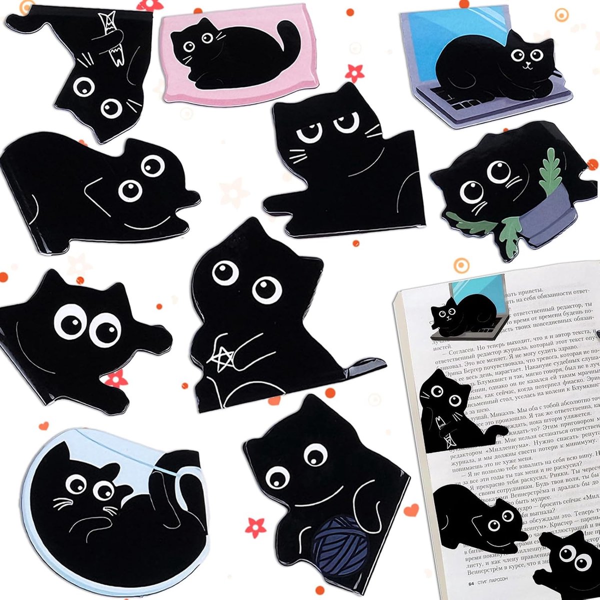 Boekenleggers voor kinderen, Zwarte schattige kattenboekenleggers, Katten magnetische boekenleggers