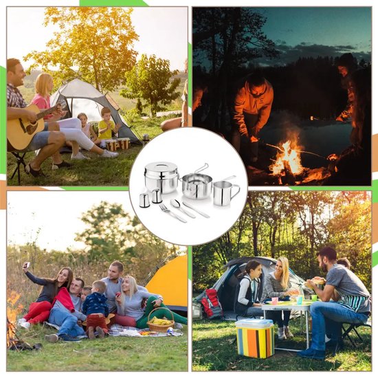 Kinghoff - KH-2060 - 9-Delig Camping Kookset - Kampeerset met Kookpan 1,5L, Mok 0,5L & Bakje 1,1L - Campingservies met Bestek, Mes, Vork & Lepel - Inclusief Zout- en Peperstrooiers - Reis- & Outdoor Set voor Camper en Tent - RVS — afbeelding 3