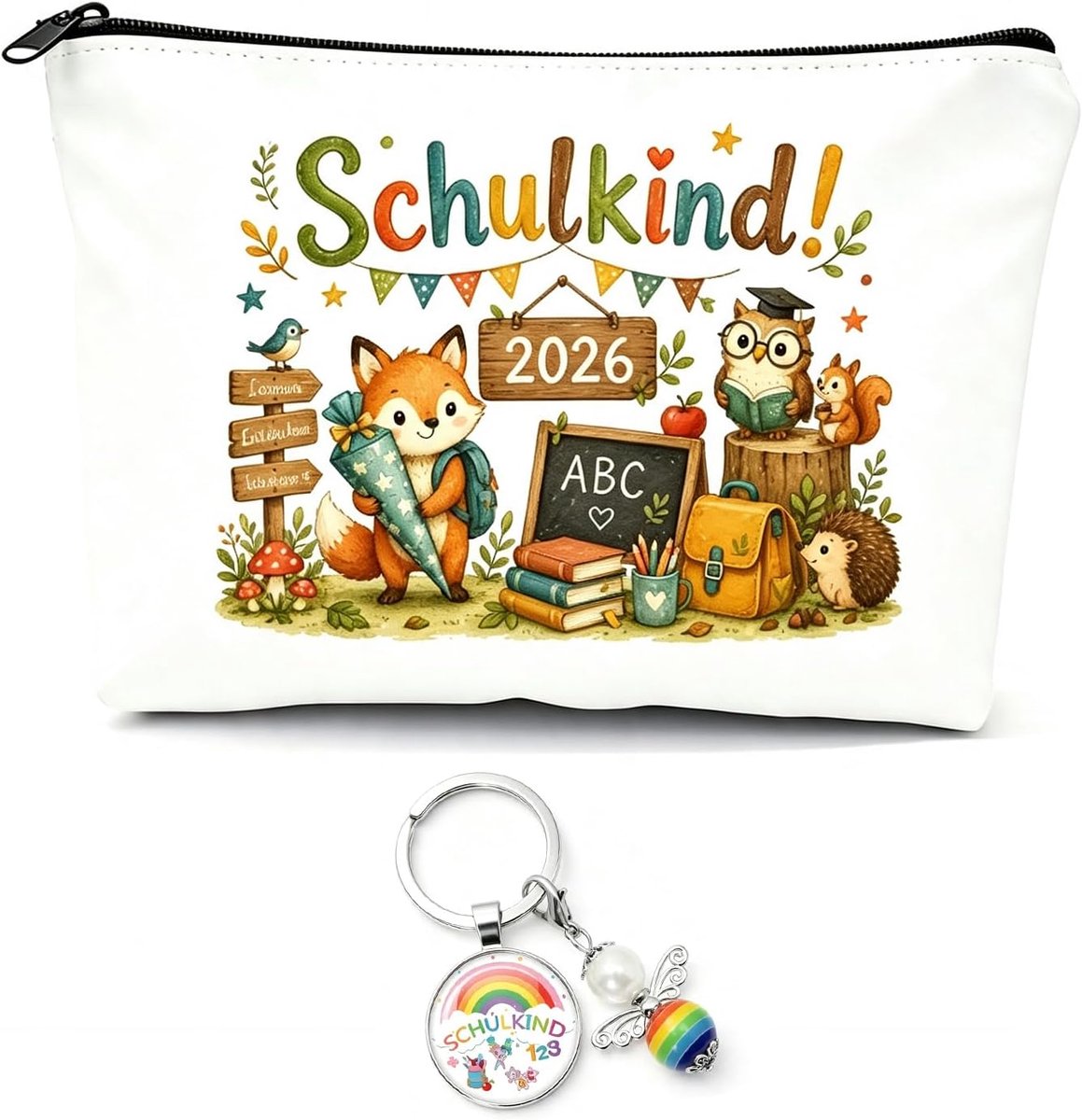 Schoolcadeau voor meisjes, 2026, etui met sleutelhanger, schoolkind 2026 meisjes, pennenetui, vulling, cadeauzakje, cadeau voor de eerste schooldag