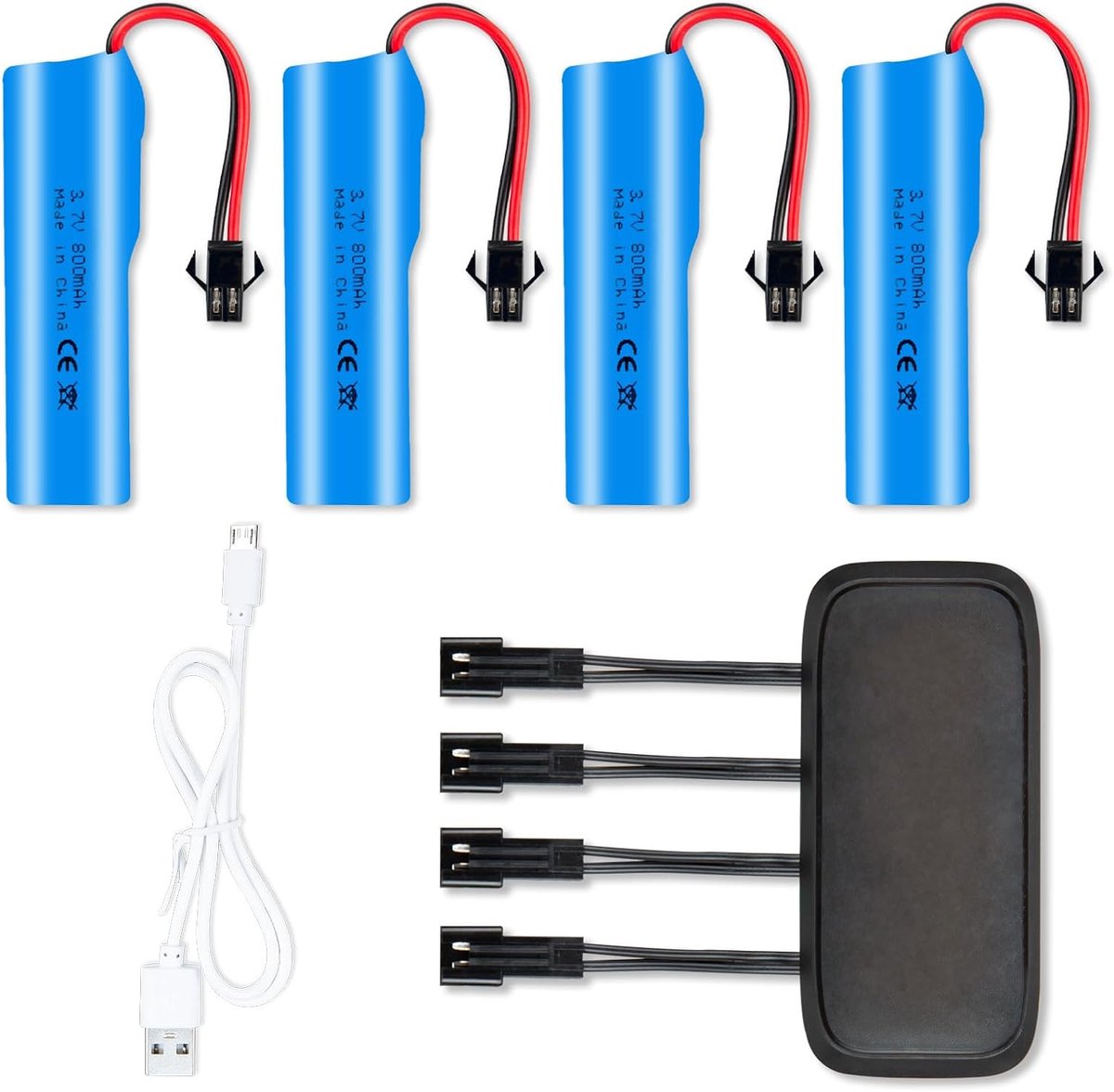 3,7 V 800 mAh SM-2P-aansluiting met beschermplaat, 1 oplader + 4 accu's voor op afstand bestuurde auto's, speelgoed, monster-offroad-trucks, race- en RC-auto's