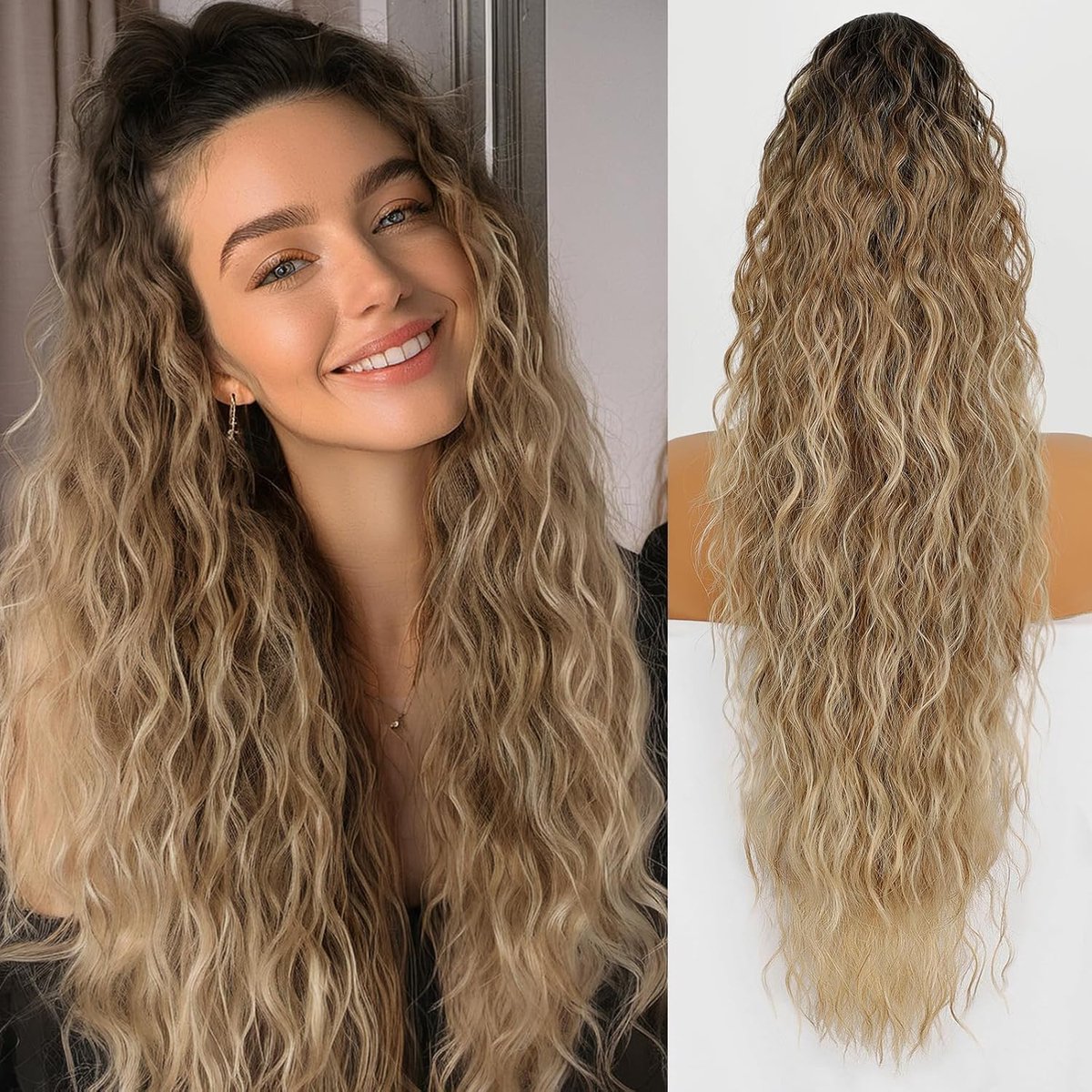 Klemclip, 76 cm, krullende pony, staart, clip-in haarverlengingen voor vrouwen, wollig, synthetisch haarstukje voor dagelijks gebruik (T4/12/613 bruinblond)