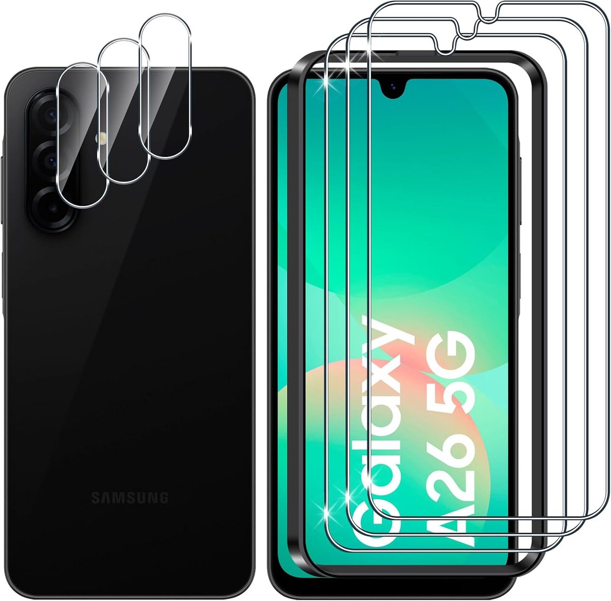 Gehard glas voor Samsung Galaxy A26 5G, 3 + 3 stuks displaybeschermfolie + camerabescherm, hardheid 9H veiligheidsglas, HD anti-kras displaybeschermfolie