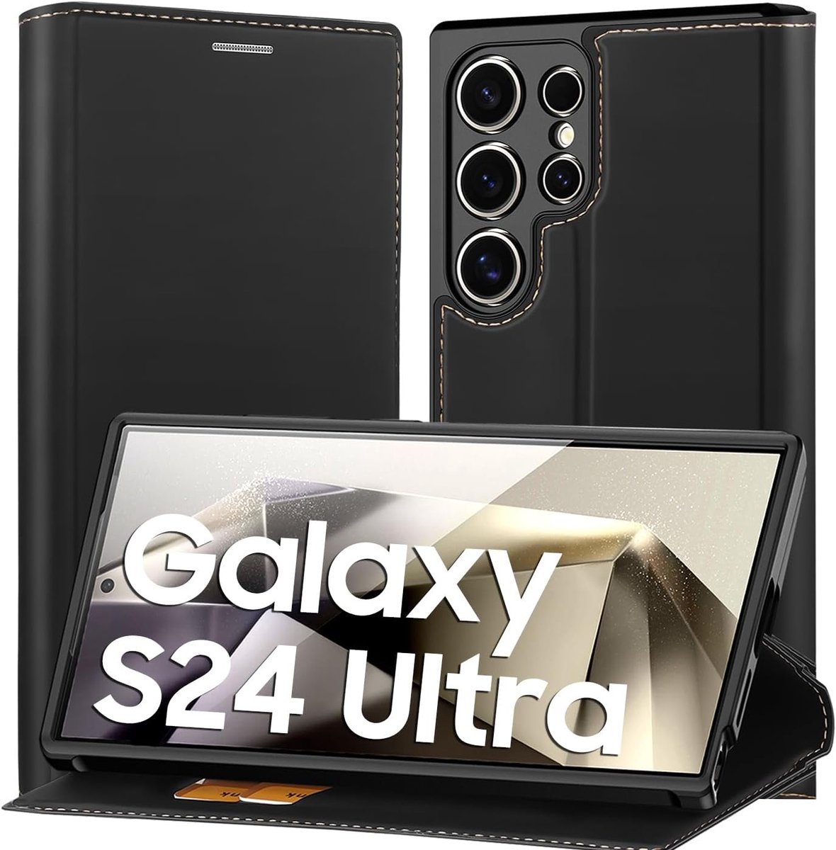 Voor Samsung Galaxy S24 Ultra, premium lederen flip magnetische hoes [verborgen magnetische gesp], met kaarthouder, Flipcase voor Samsung Galaxy S24 Ultra, Zwart