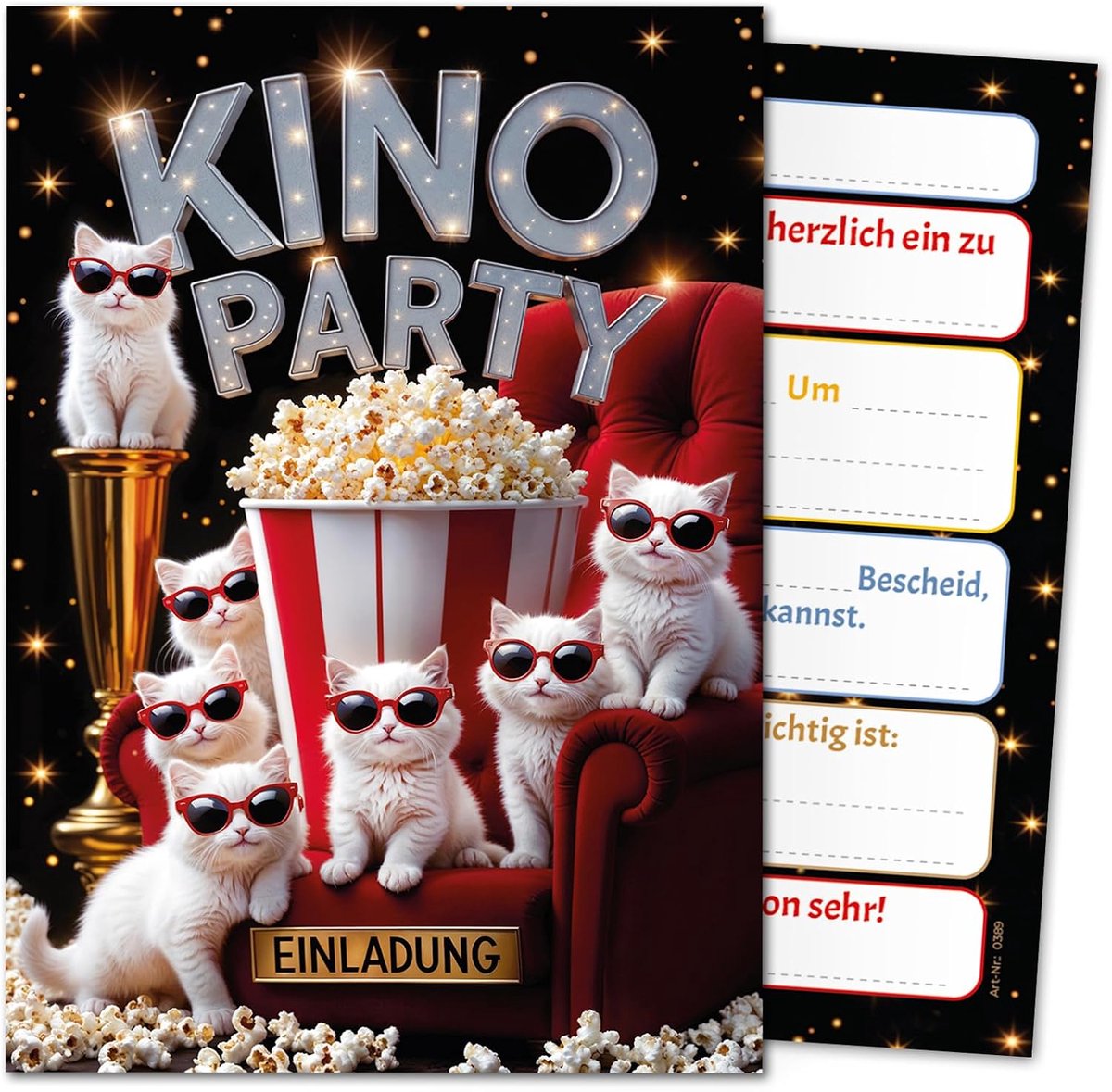 8 uitnodigingskaarten voor kinderverjaardag, bioscoop, cinema-party, meisjes, jongens, katten, kinderen, uitnodigingen, verjaardag, verjaardagsuitnodigingen voor kinderen