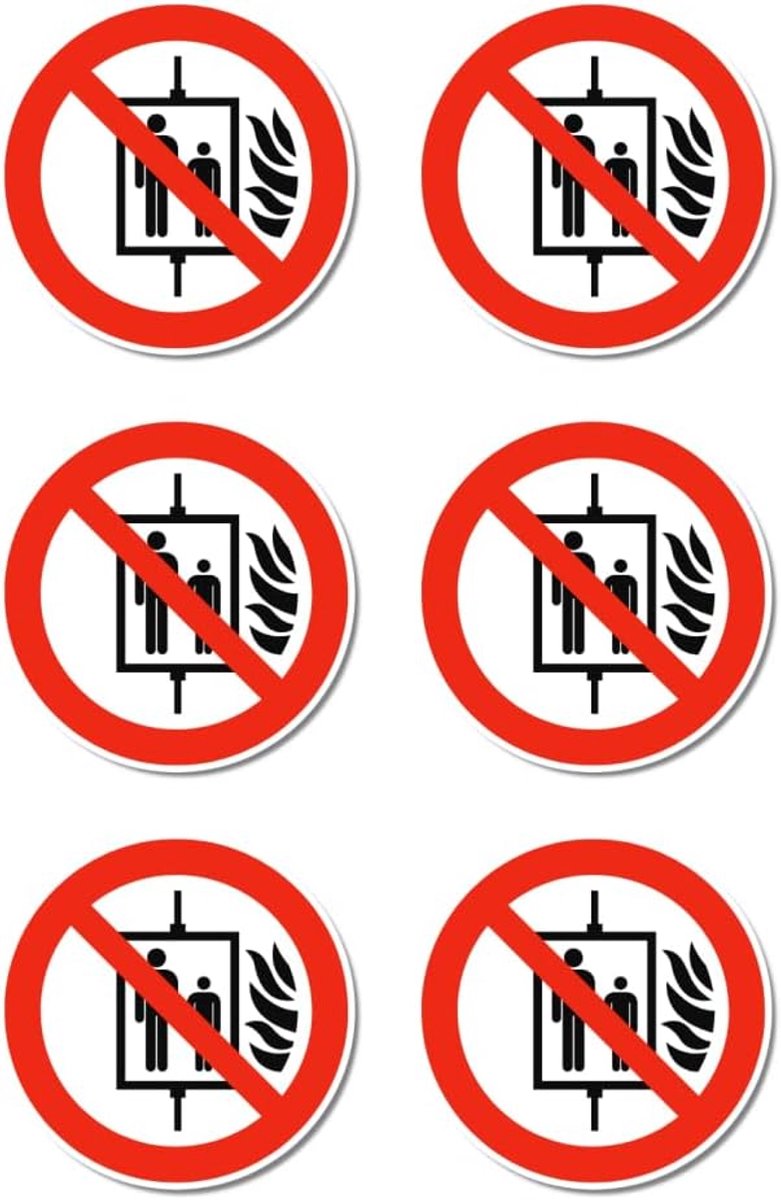 Niet gebruiken in geval van brand, verbodsteken: P020 - DIN EN ISO 7010 / ASR A1.3 - stickers: Ø 5 cm, 6 stuks
