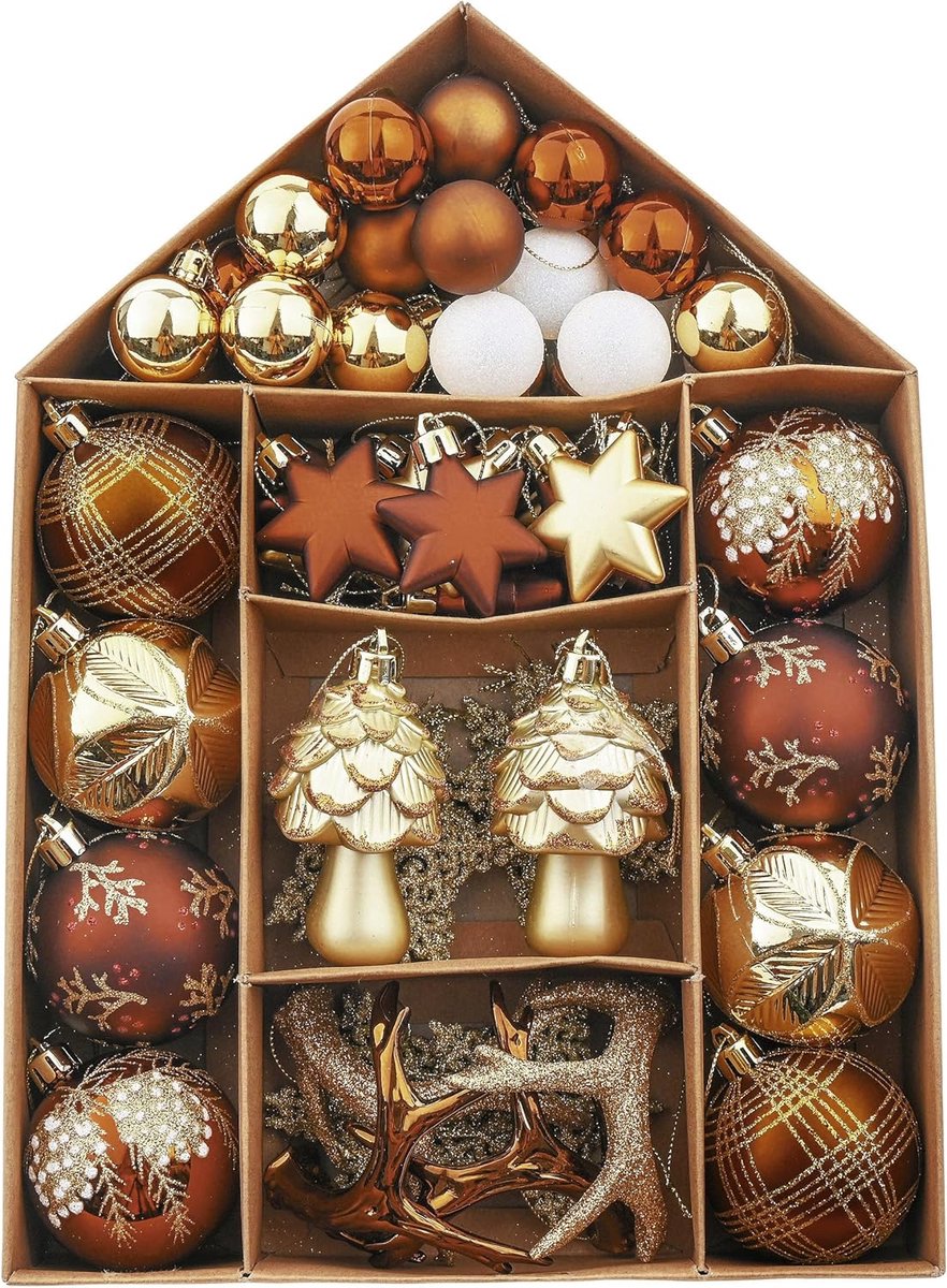 Kerstballen 3-10cm gouden koper, kerstboom hangende decoratie, kerstboom ster ornament, huis vormige kraftpapier geschenkdoos
