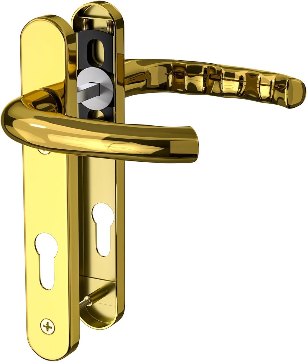 1 set PVD Gold UPVC 304 roestvrijstalen deurklink, 92 mm PZ (midden), achterplaat 212 mm, 122 mm schroef om te schroeven, PVD gouden vervangende PVC-deurklink