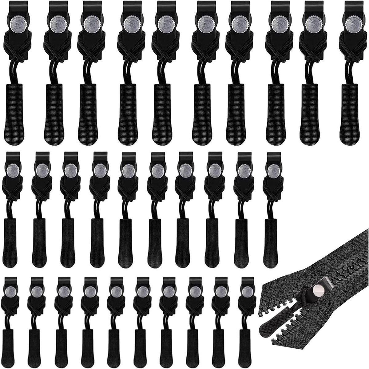 Zipper, reparatieset met 30 stuks zwart Fix Zip Puller, 3 maten ritssluiting reparatieset Fix, ritssluiting vervanging Zipper voor jas, bagage, rugzakken, reizen, praktisch toebehoren