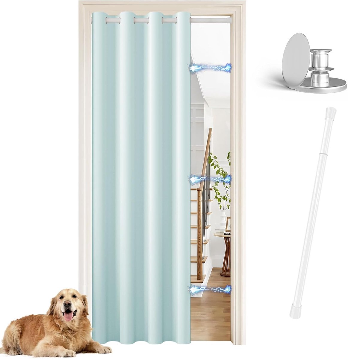 Binnendeurgordijn met stang, verduisteringsgordijn voor woonkamer, slaapkamer, keuken, 1 stuk, 132 x 195 cm, binnenscheiding, lichtblauw