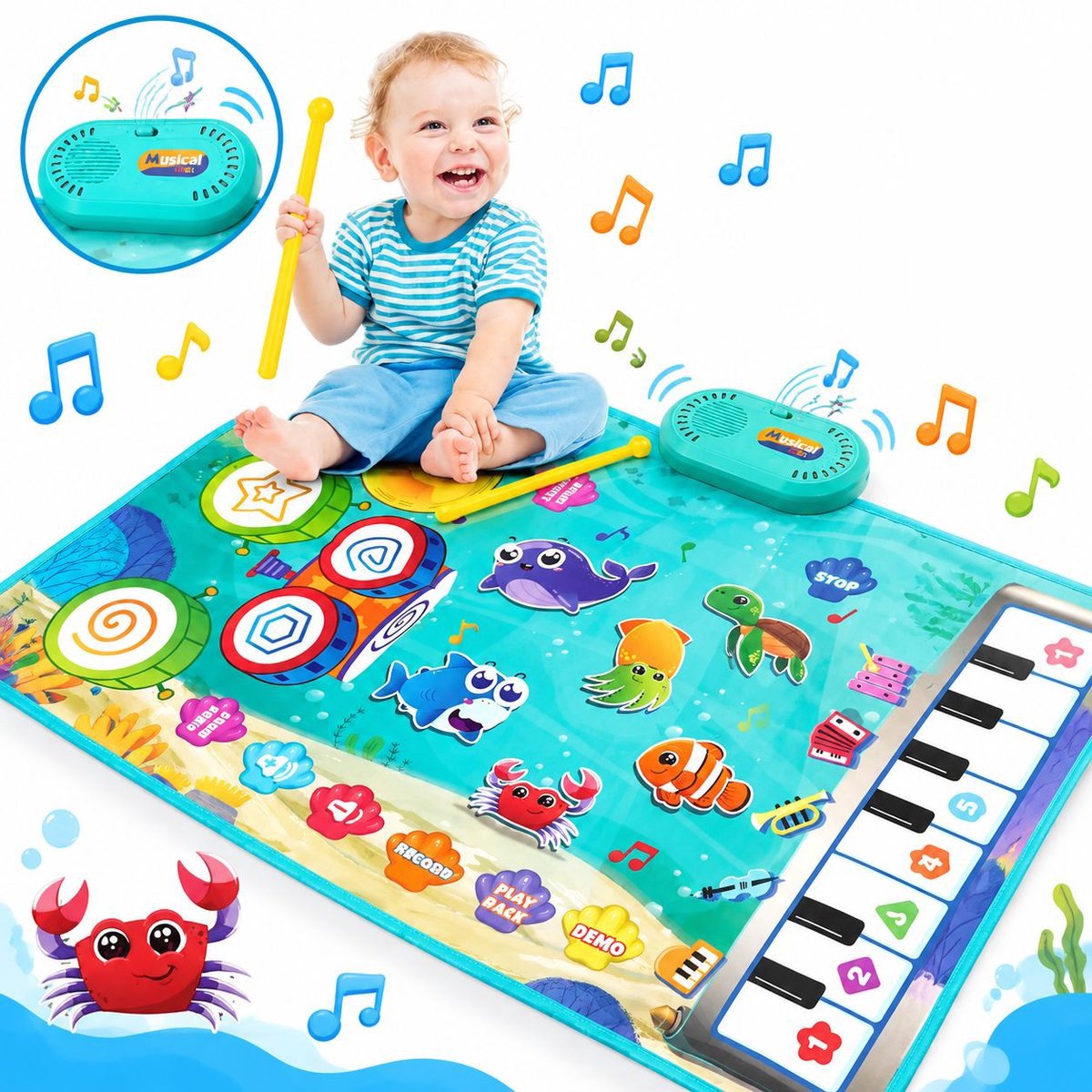 VHV - 3 in 1 Muziekmat - Kinderspeelgoed 3 4 5 Jaar - Dansmat - Pianomat - Speelkleedje met zeedierenmotief - Pianoklavier & Drumset met 2 Drumstokken - Cadeau Vroeg Educatief Muzikaal Leerspeelgoed - meisjes en jongens